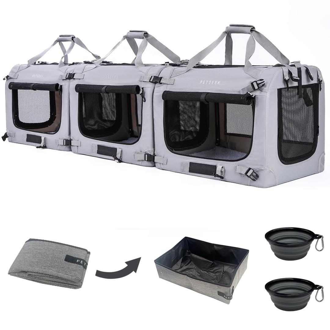 Petseek Extra Large Cat Carrier Soft Sided, Portable Small Dog Carrier for 2 Cats, 24"x16.5"x16" Car Travel Folding Comfortable Design with Litter Box and Bowls, Grey-3+ Litter Box+ Bowls