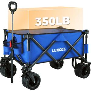 LUXCOL Wagon Cart Foldable, Collapsible Folding Wagon with All-Terrain Wheels & Adjustable Handle, Portable Heavy Duty 350LBS Weight Capacity for Camping, Grocery Shopping, Sport, Outdoor Use (Blue)