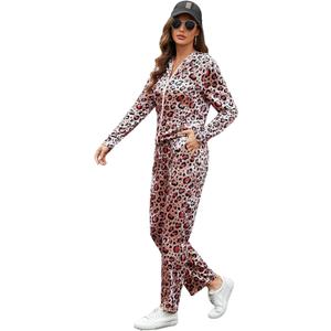 Marvmys Velour Tracksuit Womens 2 Piece Outfits Velvet Sweatsuit Jogging Suit Full Zip Up Hoodie and Sweatpants Set (Large, Pink Leopard)