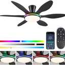 BayDay Ceiling Fans with Lights, Flush Mount Ceiling Fan Led Lights Quiet DC Dimmable 6 Blades (Black Fan, Led Light + Side RGB Light, 51 inch)