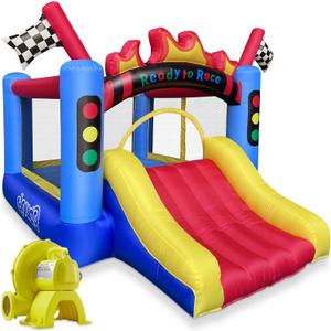 Cloud 9 Inflatable Bounce House and Blower, Race Car Track Theme Bouncer for Kids with Slide and Large Jumping Area