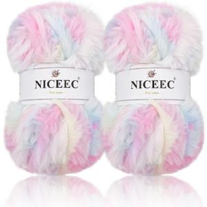 NICEEC 2 Skeins Faux Fur Yarn Super Soft, Chunky & Fluffy, Eyelash Yarn for Crochet & Knitting (Total Length 70yds,3.53oz) - Unicorn