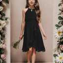 Kids A-Line Halter Neck Chiffon Junior Bridesmaid Dresses Fancy Girl Dress Wedding Elegant Party Gown 5-14 Years (Black), Size - 140/10