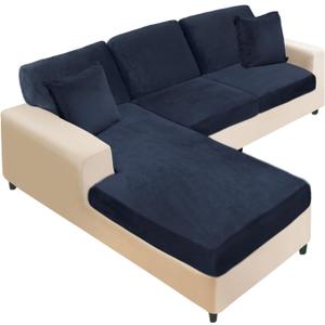NAISI Sectional Couch Covers 6 Pieces Velvet Couch Cushion Covers L Shape Soft Stretch Sofa Slipcovers with 2pcs Pillowcases for Left/Right Chaise Sectional Couch(2 Seater+1 Chaise+3 Back,Navy)