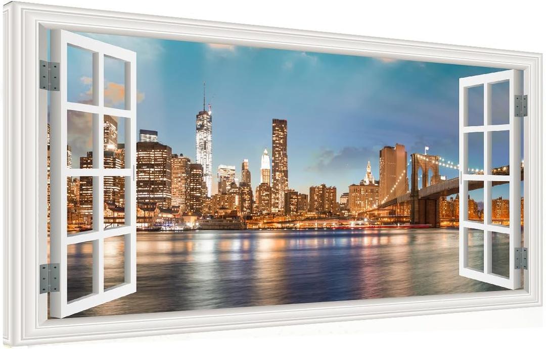 Window View New York Brooklyn Bridge Canvas Wall Art- Nature Landscape Canvas Print Picture Artwork Framed for Living Room Bedroom Bathrom Offce-24"x48"