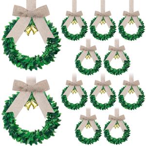 Syhood 12 Pieces 6" Christmas Kitchen Cabinet Wreaths with Ribbon Gold Bells Mini Christmas Wreath Small for Kitchen Window Front Door Xmas Holiday Indoor Home Decor (Flax,Linen)