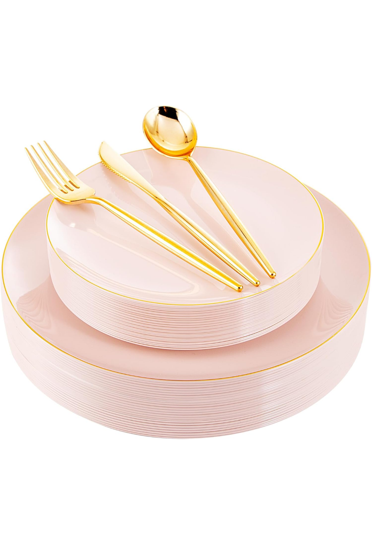 30 Guests Pink Plastic Plates for Party,Heavy Duty Pink Disposable Plates,Gold Dinnerware Set Include 30 Dinner Plates,30 Dessert Plates,30 Gold Plastic Silverware Set for Party.