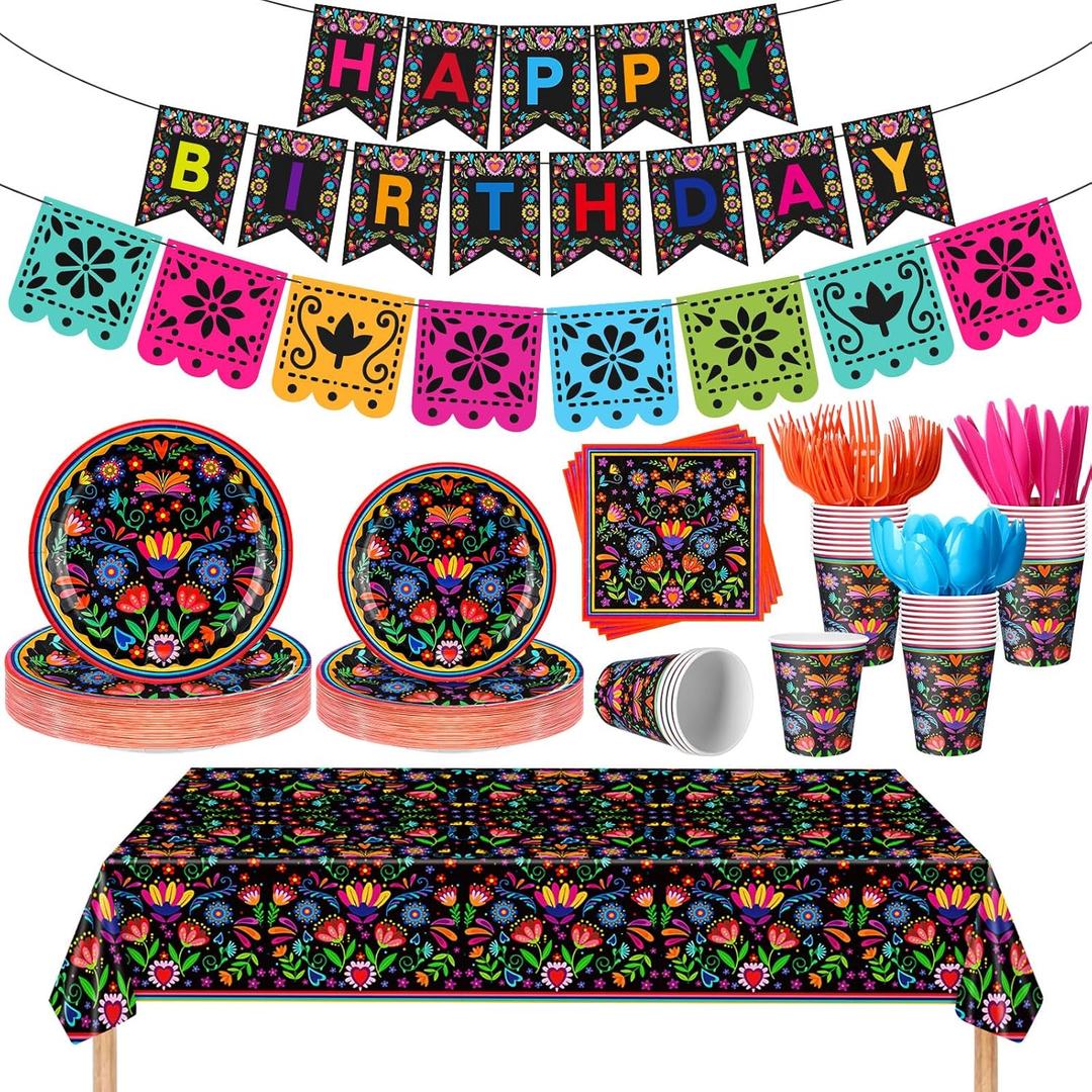 Domensi 144 Pcs Mexican Birthday Party Decoration Supplies for 20, Mexican Floral Cielito Lindo Paper Plates Napkins Cups Banner Papel Picado Tablecloth Cutlery Fiesta Birthday Tableware(Black)