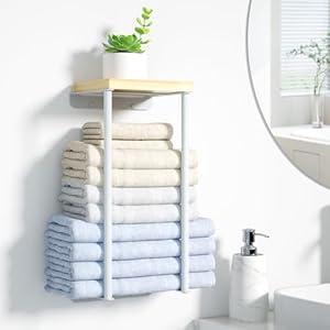 Towel Racks for Bathroom, 1 Tier Wall Towel Holder with Wood Shelf, Metal Wall Mounted Towel Rack Bathroom Organizers and Storage, White