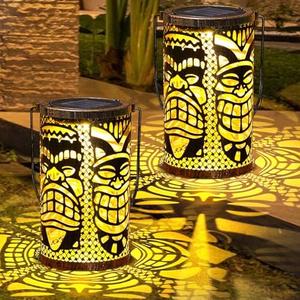 Glooglitter 2 Pack Halloween Decorations Outdoor Tiki Solar Lanterns Halloween Yard Decor Solar Light Outdoor Waterproof Gifts Hanging Lantern Metal Decor for Garden Patio Lawn Porch Holiday Party