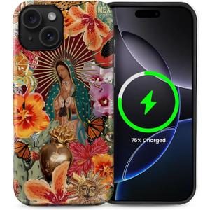 Case for iPhone 15 [Compatible with MagSafe], Matte Soft Silicone + Hard PC Anti-Scratch Shockproof Protective 2-in-1 Case for Women Men - Virgin Mary Flower Collage