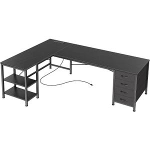 Huuger 55 Inch L Shaped Desk with Fabric Drawers, Reversible Computer Gaming Desk with Power Outlets and USB-C Port, Adjustable Side Storage Shelves, for Work Study Corner Home Office, Black