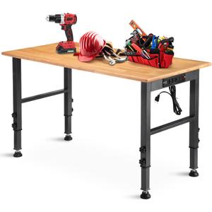 OLBRUS 48 "Adjustable Workbench with Power Outlet, Heavy Duty 2000 LBS Load Capacity Hardwood Workbench Suitable for Workshop, Office, Garage, Home