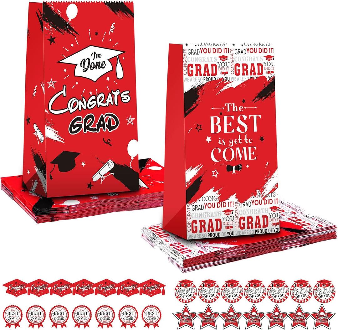 Teling 28 Set 2026 Graduation Gift Paper Bags with Stickers Congrats Grad Goodie Bag Thank You Candy Bags for Graduation Party Favor Decorations Supplies(Red)