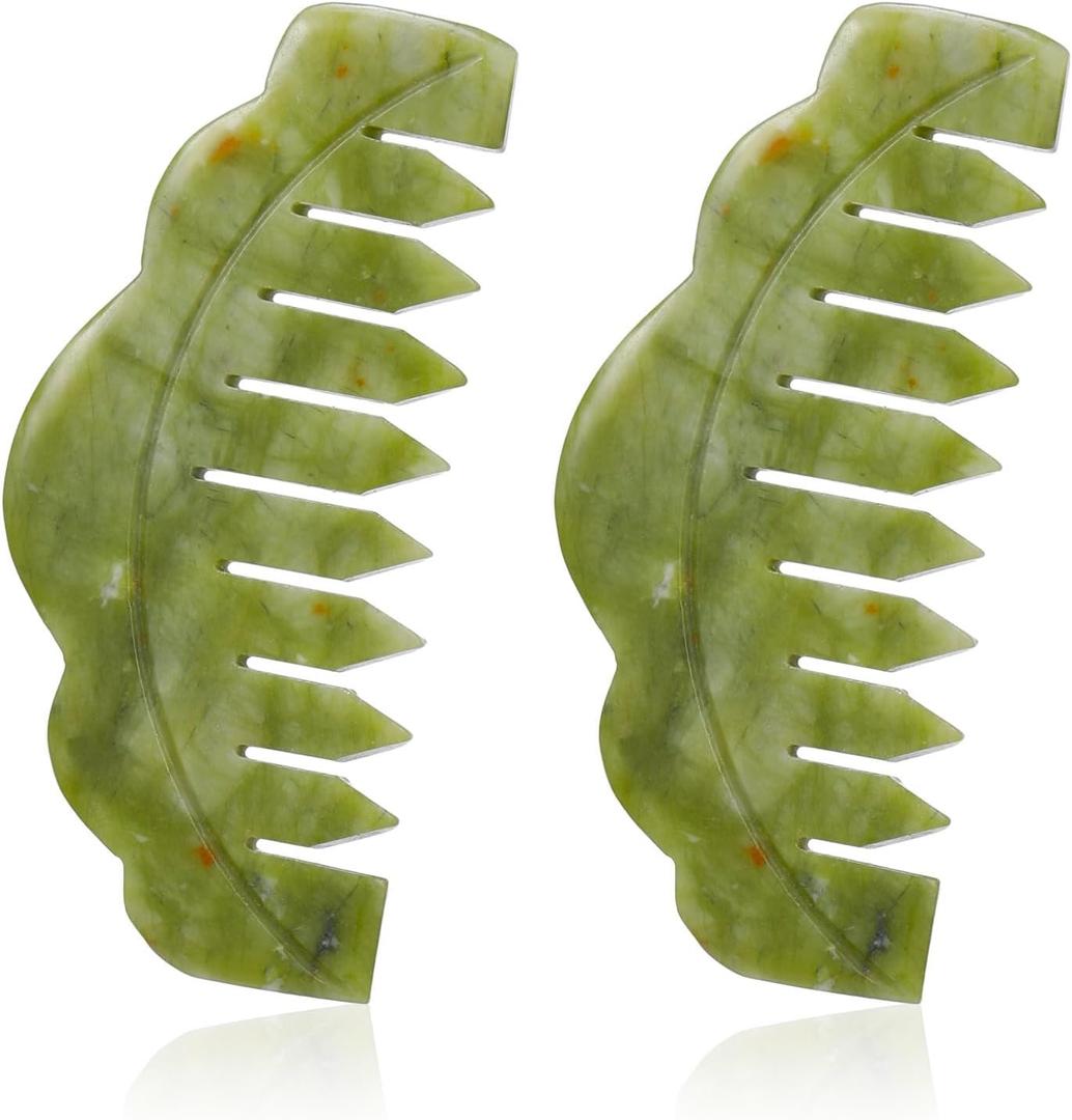 Geiserailie 2 Pcs Jade Combs Esthetician Supplies Massage Stone Hair Gua Sha Scraping Scalp Comb Facial Massage Tool Handheld Head Tools Head Caring Therapy Mother's Day for Women(Plain Style)
