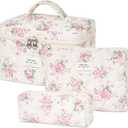 Quilted Makeup Bag,Large Cosmetics Bag Set,Cotton Coquette Floral Make up Pouch,Travel Toiletry Bag for Women (3pcs, Park)