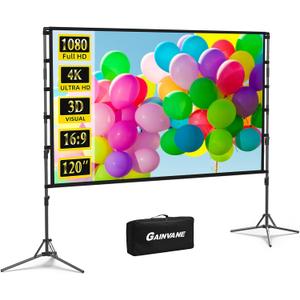 Projector Screen and Stand,GAINVANE 120 inch Portable Projector Screen Indoor Outdoor Projection Screen 16:9 4K HD Wrinkle-Free Light-Weight Movie Screen with Carry Bag for Backyard Movie Night