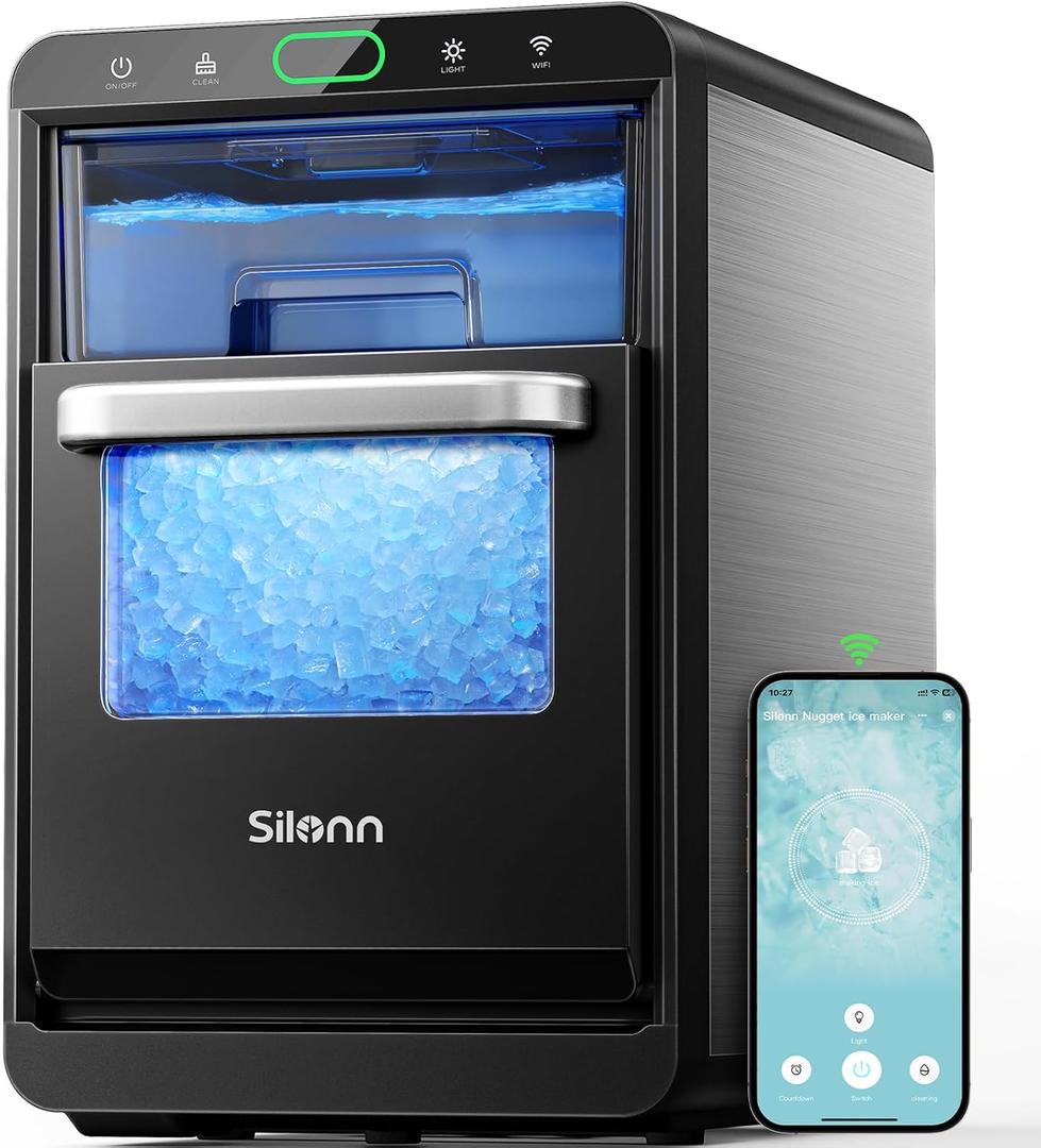 Nugget Ice Maker Countertop - Silonn Smart Pebble Ice Machine, Pellet Ice 44 lbs per Day, Crushed Ice from Timer Function and Status Alerts with Silonn App, Stainless Steel