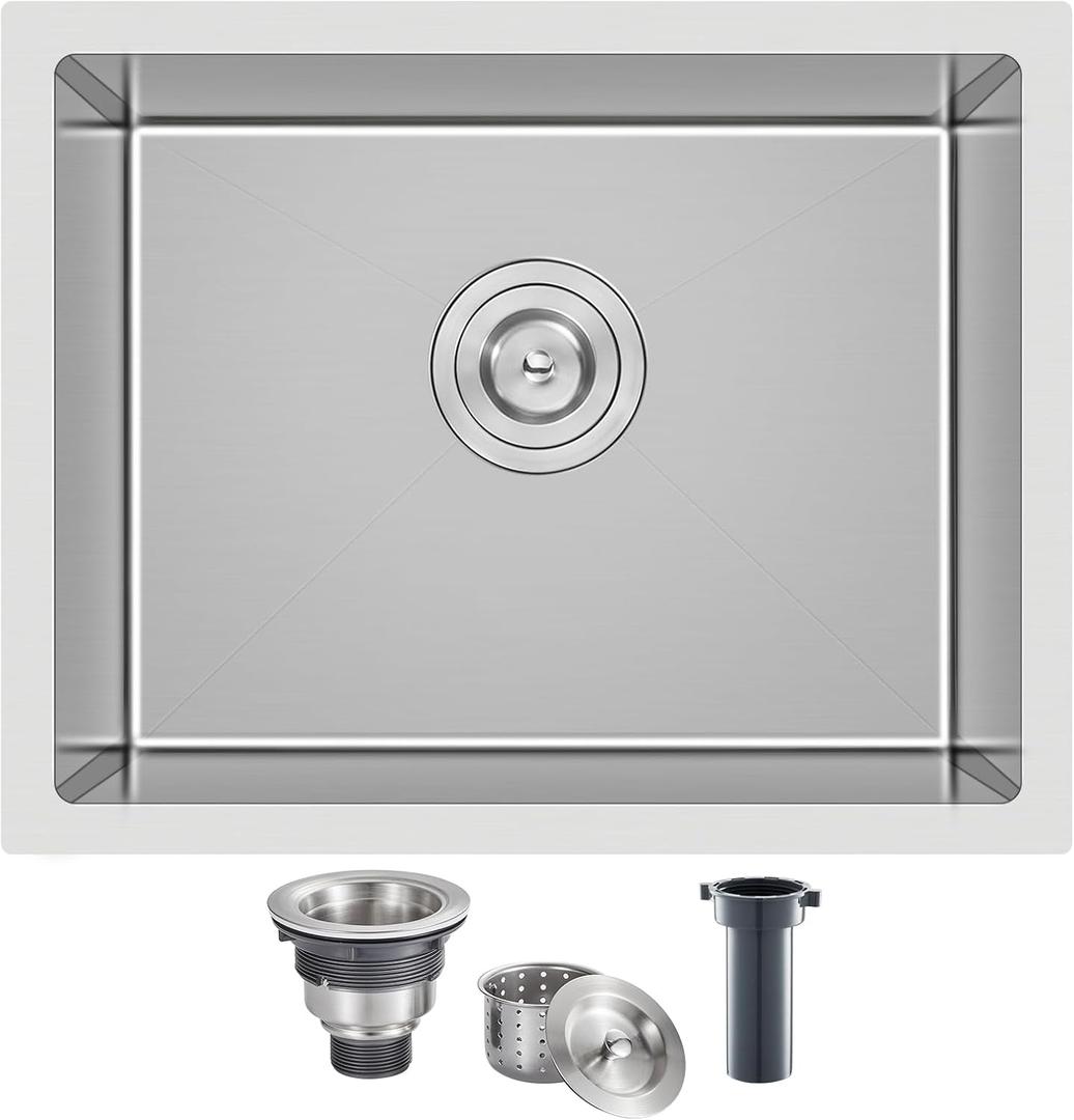 TSIBOMU 22" x 18" Undermount Kitchen Sink 18 Gauge 304 Stainless Steel | 22 inch Single Bowl Bar Sink, Brushed Finish, 22"x18"x9" Medium Basin for Kitchen, Bar and Prep Area, Brushed, D22"xW18"xH9"