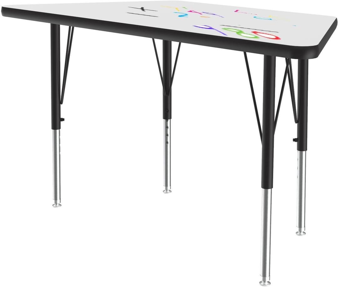 Correll 30"x60" Trapezoid Shaped, Classroom Dry Erase/Markerboard Top Activity Table, Height Adjustable (19"-29), White Durable High Pressure Laminate, School Furniture, Made in The USA