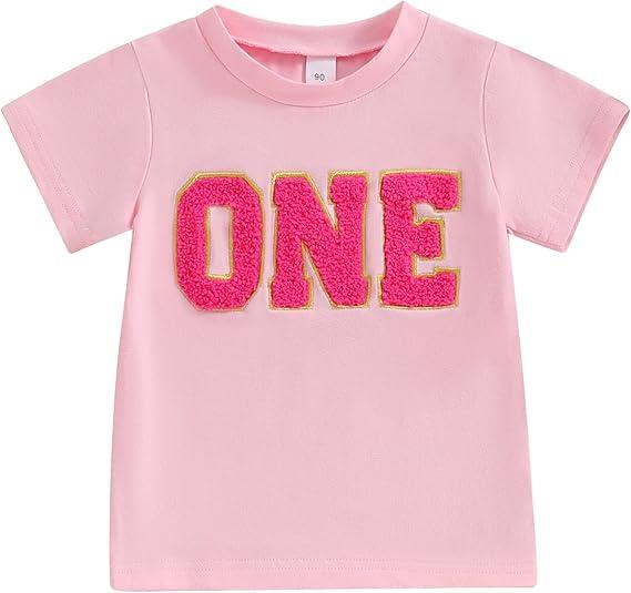 Kids Toddler Baby Girls Birthday T-Shirt Short Sleeve 6-12 M Letter Chenille Patch Birthday Shirt