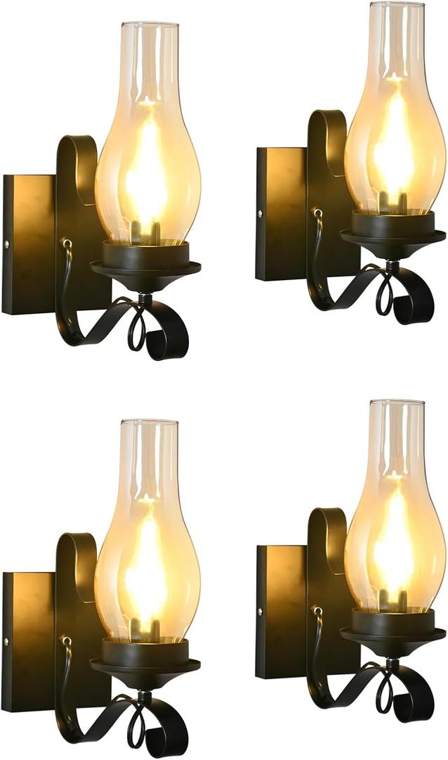 4 Pack Rustic Wall Sconces, Black Hardwired Farmhouse Industrial Wall Sconce Indoor Retro Wall Lamps with Amber Glass, Vintage Bathroom Sconces Wall Lighting Lantern