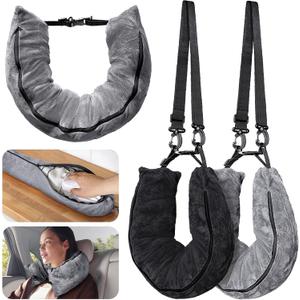 2Pack Stuffable Travel Pillow for Extra Luggage, Velvet Travel Neck Pillow with Adjustable Neck Size, Fits About 6 T-Shirts Travel Essentials Multifunctional Sleeping Rest Cushion, Gray and Black