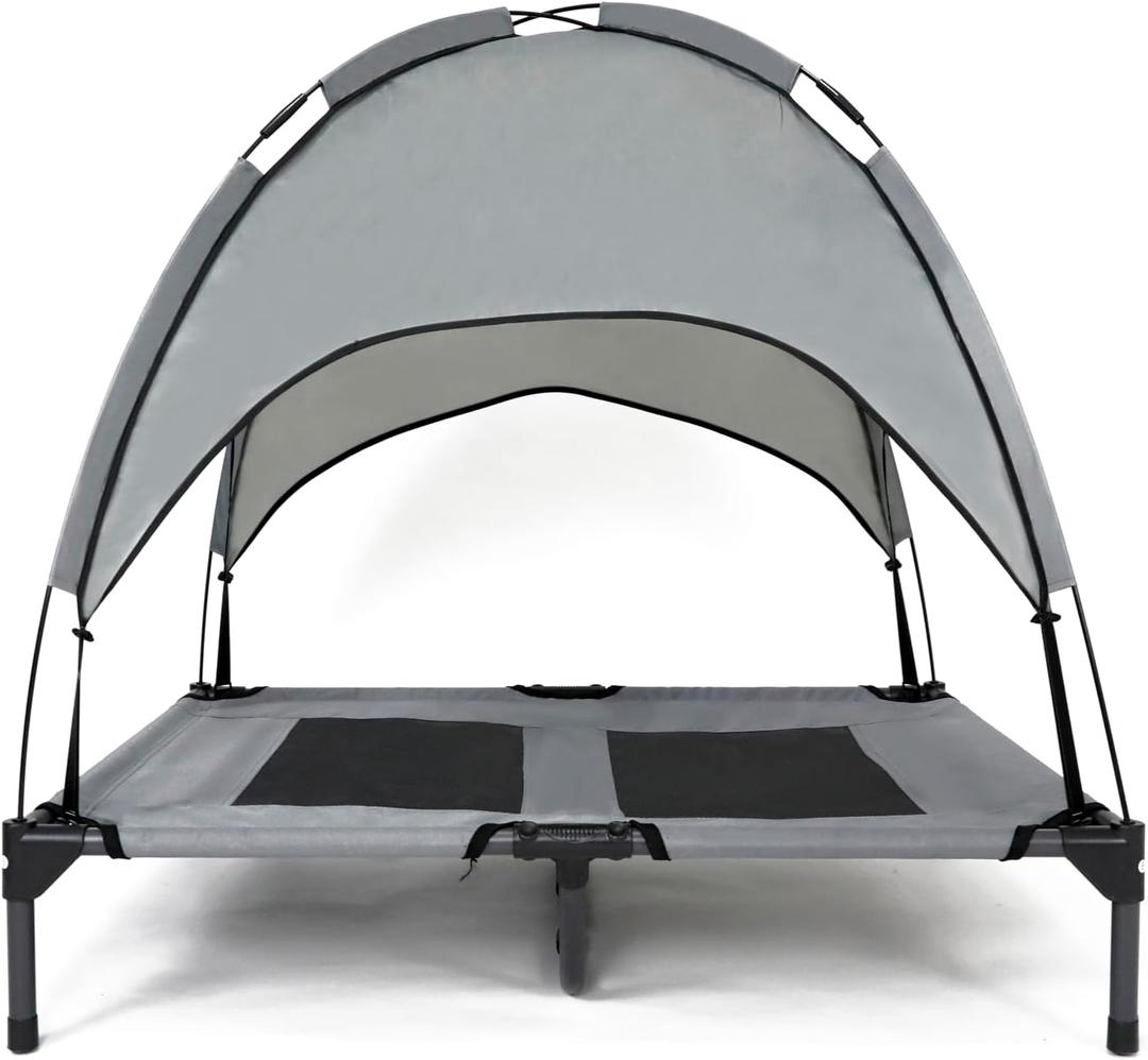 35 Inch Elevated Dog Bed with Canopy, Waterproof & Breathable Medium Dog Bed with Removable Shade Tent for Camping, Beach, Backyard, Grey