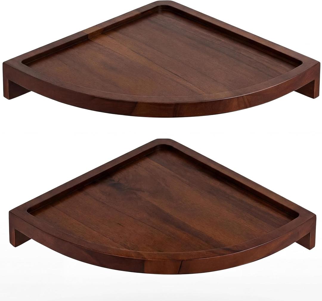 Demigo Floating Round Corner Shelves for Wall 2pcs, Acacia Wood Wall-Mounted Storage Shelves for Home Decor, Space Saving Displays for Living Room, Kitchen, Office, and Bedroom (Dark Brown) (Walnut Color)