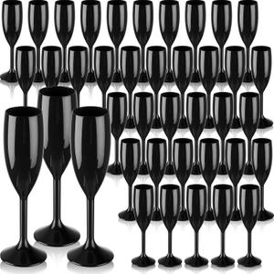 Domensi 40 Pcs Champagne Flutes Bulk Acrylic Goblet 6oz Wine Glasses Toasting Drinking Unbreakable Reusable High Stem Champagne Cup for Wedding Birthday Anniversary Party (Black)