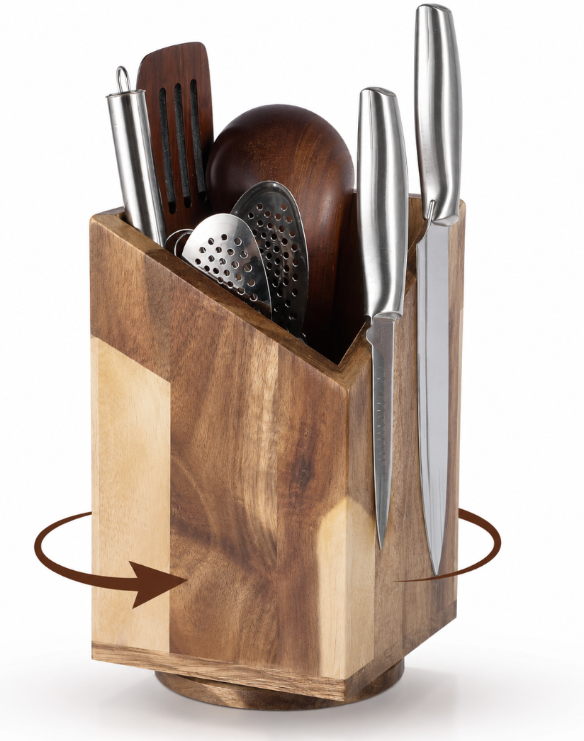 Magnetic Knife Block Without Knife Wood Utensil Holder 360° Rotatable Magnetic Knives Holder Organizer 9.65 x 5.5 Inches Universal Magnet Organizer Large Acacia Wood Kitchen Farmhouse Countertop Cook