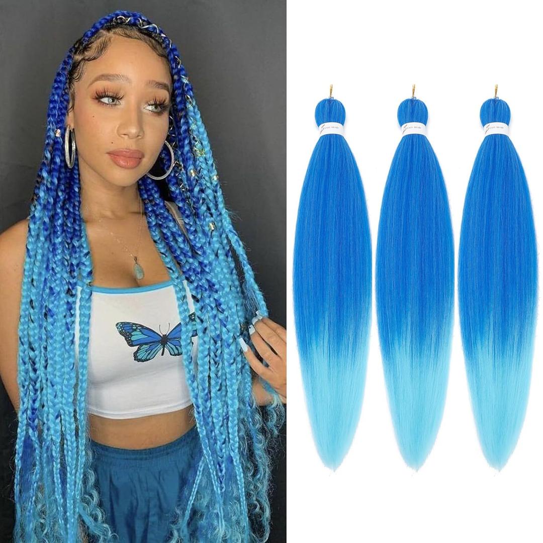 Ombre Blue Braiding Hair Pre stretched 16 Inch 3 Packs, Professional Soft Yaki Texture Long Braid Extensions, Hot Water Setting for Box Braids Twist & Crochet Braids