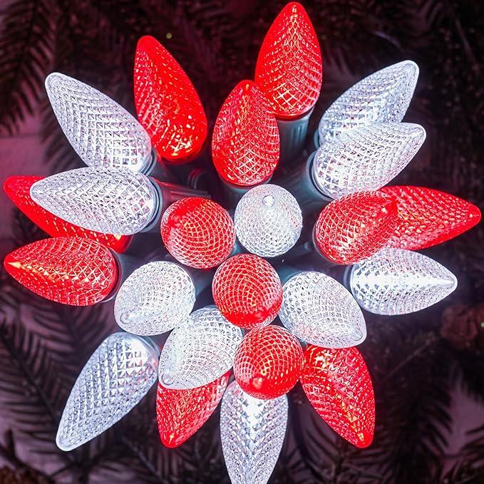 Brightown C9 Christmas String Lights, Red and Pure White Commercia Outdoor Christmas Lights with 150 Strawberry C9 LED Bulbs, Waterproof Extendable UL Certified for Party Holiday Indoor Xmas Decor