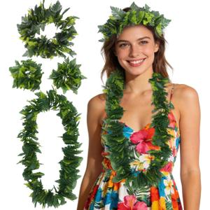 PartyKindom 4-Piece Artificial Green Leaf Hawaiian Lei Set, Headband, Necklace & Wristbands for Luau Tropical Beach Party, Girls Women Hula Costume Accessories