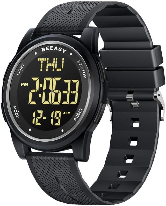 Beeasy Digital Watch for Men Women, 50M Waterproof, Ultra-Thin & Lightweight, 44mm Silicone Sports Watch with Alarm, Stopwatch, Countdown, Ideal for Gym, Running, School, Daily Wear