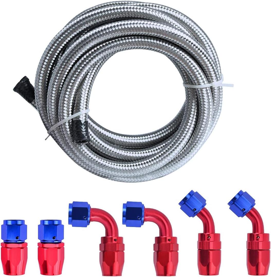 12FT 6AN 3/8 Fuel Line Hose Braided Stainless Steel w/6pcs AN6 Hose Fitting Kit