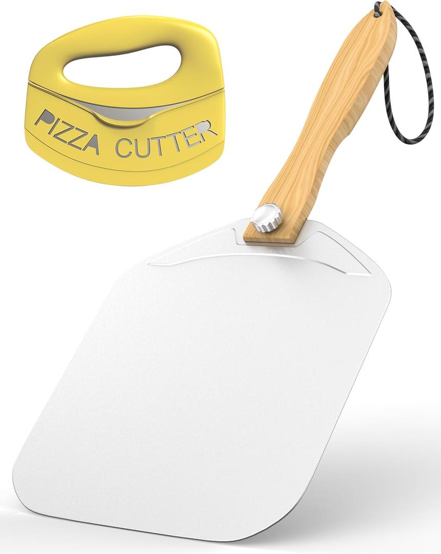 Meykwod Pizza Peel 12 inch, Aluminum Pizza Paddle, Metal Pizza Peel, Pizza Spatula for oven, with Foldable Wood Handle, Pizza oven accessories
