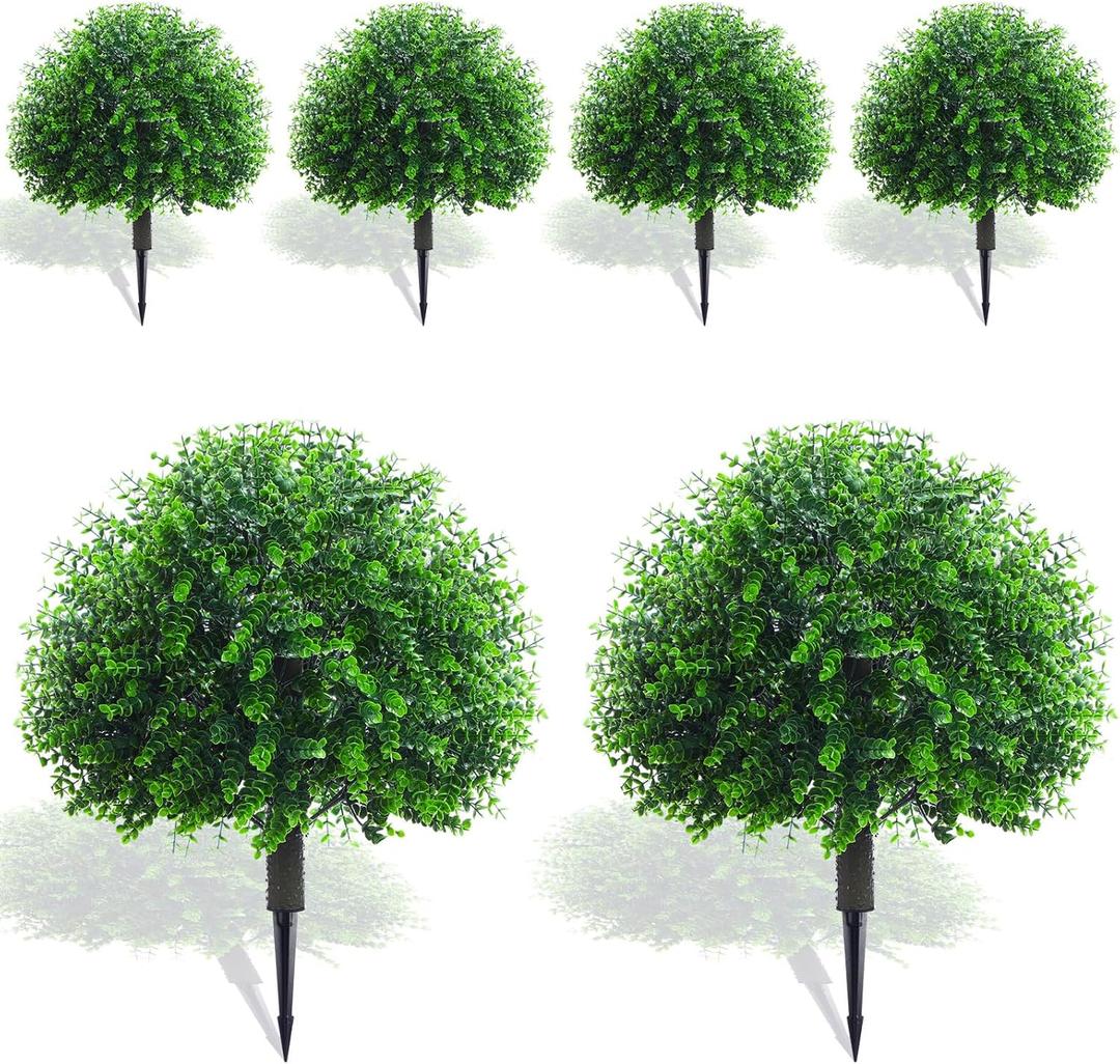 Yunlly Pack of 6 18 Inch Artificial Boxwood Ball Topiary Tree Fake Outdoor Plants Bush, UV Resistance Faux Shrubs with Spike Realistic Greenery Potted for Indoor Garden Yard Porch Patio Decor (Green)