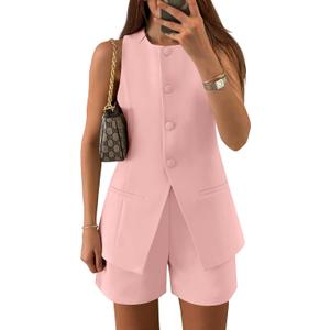 ZESICA Women's 2026 Summer 2 Piece Short Sets Sleeveless Crew Neck Suit Vest Tops High Waist Shorts Business Outfits (Large, Pink)