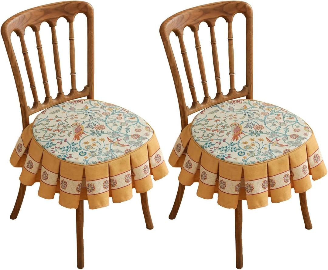 Patdrea Pack of 2 Chair Cushions for Dining Chairs with Ruffled, Floral Birds Seat Cushion with Ties,Removable,Non Slip Chair Pads Decor for Bar Stool Cushions, Indoor Kitchen Chairs, 17.7"x17.7"