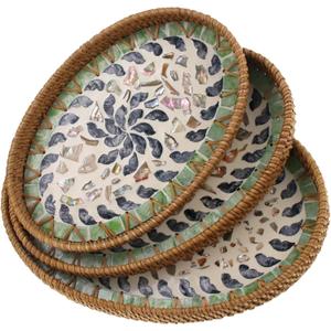 Rattan Serving Tray with Mother of Pearl Inlay, Handwoven Boho Decor Bread Basket for Fruit Food Coffee Table Home Decor Kitchen Set of 3 Sizes (Black Daisy)