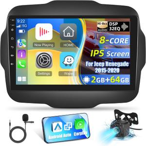 8-Core Android Stereo for Jeep Renegade 2015 2016 2017 2018 2019 2020 with DSP+32EQ - 2+64G 9 inch IPS 1280 * 720 Touchscreen Upgrade Radio - Wireless Carplay/Android Auto/WiFi + AHD Backup Camera