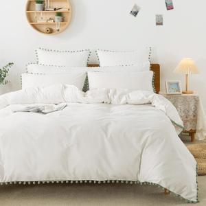 Softta Bohemian Bedding Twin Vintage Pom-Fringe Pompom Duvet Cover 3 Pcs Boho Quilt Cover 100% Washed Cotton Baby Teen Girls White+green Pom