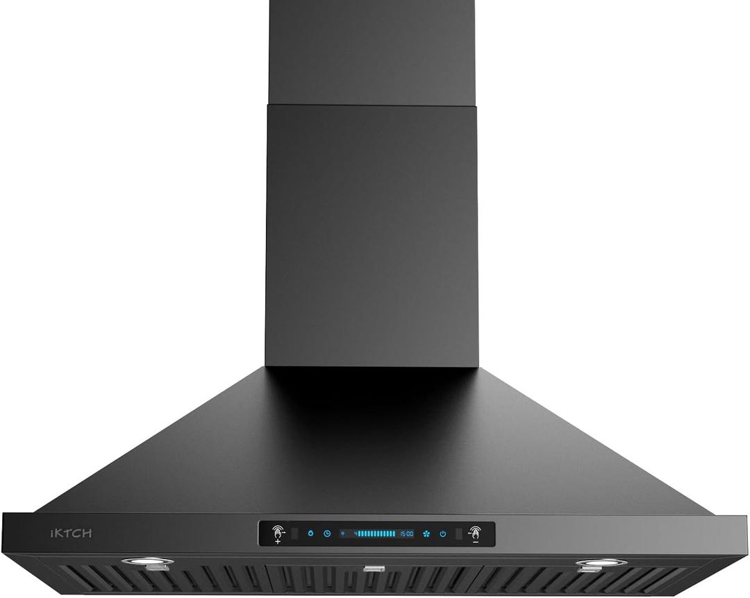 IKTCH 36 inch Black Wall Mount Range Hood, 900 CFM Ducted/Ductless Stainless Steel Vent Hood with Gesture Sensing & Touch Control Switch Panel, 2 Pcs Adjustable Lights