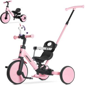 RIDYEE 5-in-1 Toddler Tricycle for Ages 1.55, Parent Steering Push Trike, Tool-Free Convertible to Balance Bike, Safety Belt, Removable Backrest and Footrest, Ride-On Toy for Boys & Girls, Pink