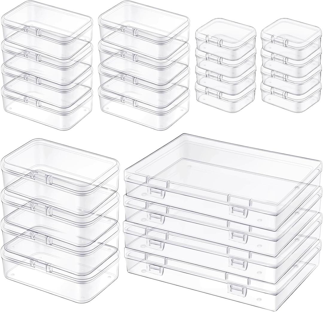 Qeirudu 24 Pcs Small Plastic Containers with Lids - Mini Plastic Craft Storage Boxes with Hinged Lids Clear Bead Organizer for Jewelry Findings and Art Supplies (4 Mixed Sizes)