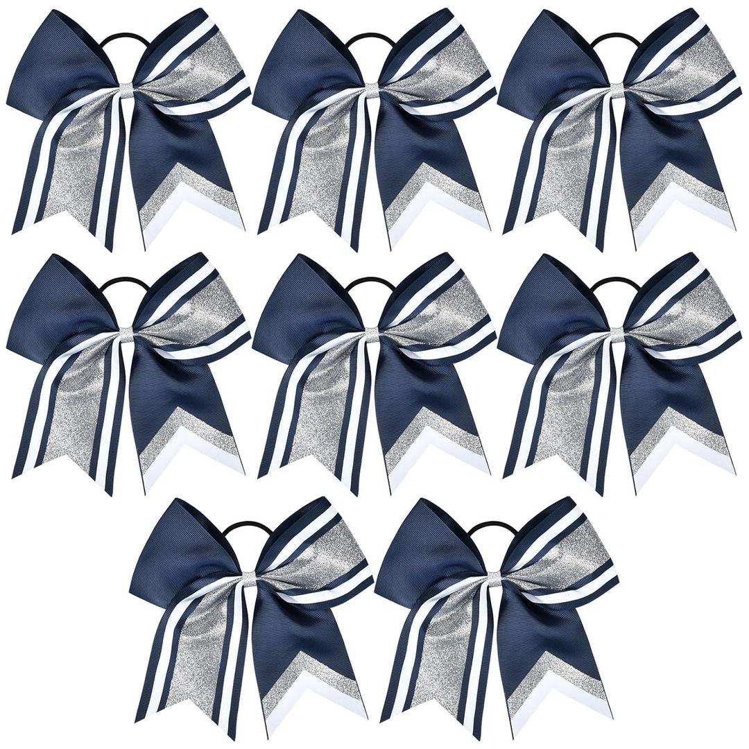 8 PCS Large Glitter Cheer Bows 8" Hair Bows Sparkly Cheerleading Softball Team Bow Hair Ponytail Holder Accessories for cheerleaders football Competition Sports- Silver Navy Blue White