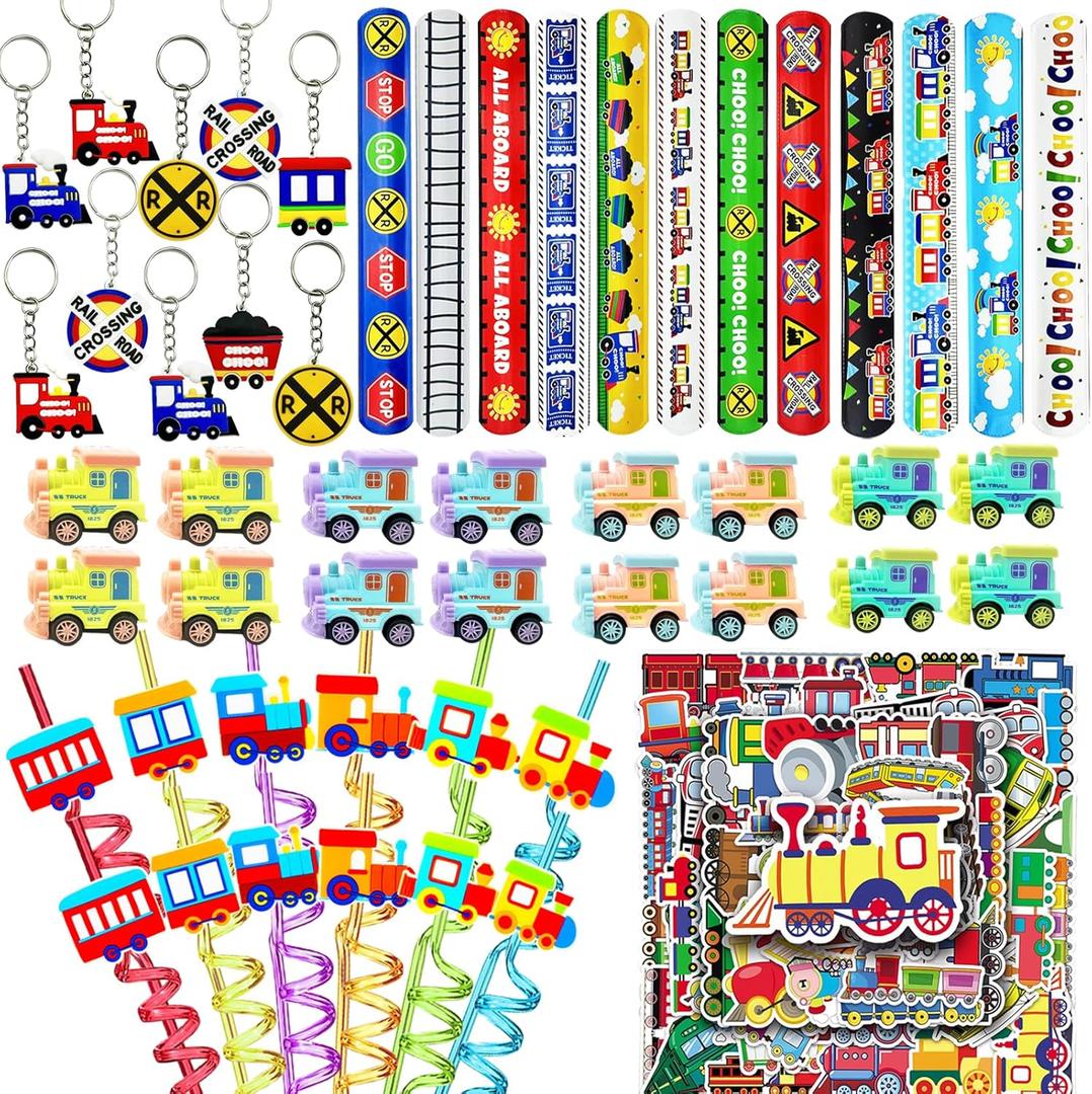 Train Party Favors 122PCS Slap Bracelets DIY Stickers Drinking Straw Keychains Pull-back Vehicle for People Car Theme Birthday Party Car Theme Birthday Party