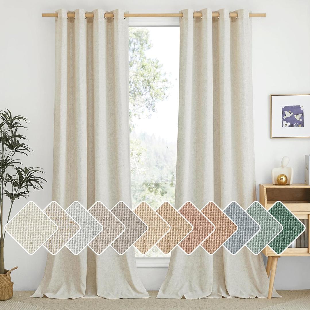 NICETOWN Linen Flax Semi Sheer Curtains 94" Length, Grommet Window Treatments Privacy Added with Light Penetration Vertical Drapes for Loft/Home Office, Natural, W55 x L94, 2 Panels