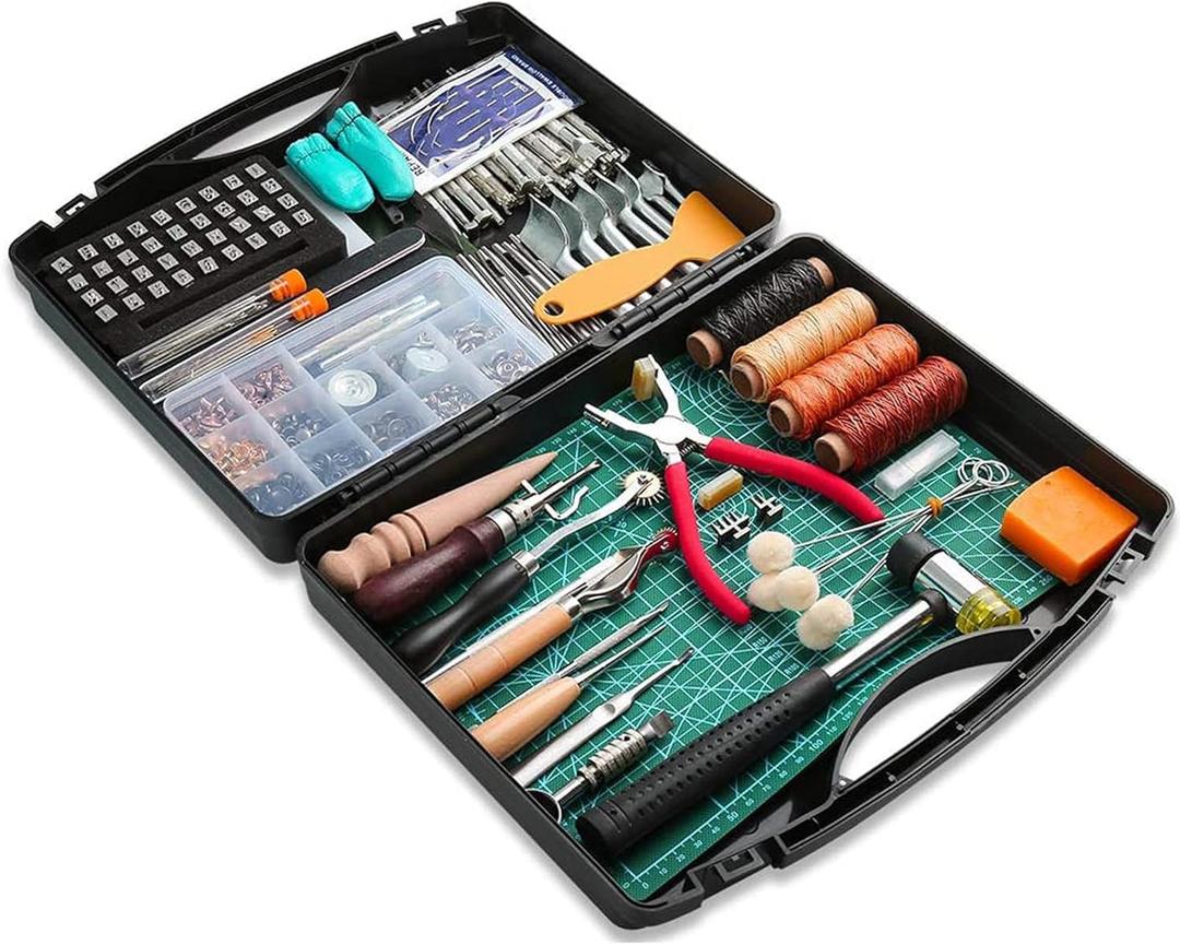 273 Pieces Leather Working Tools and Supplies with Leather Tool Box Cutting Mat Hammer Stamping Needles Snaps and Rivets Kit Perfect for Stitching Punching Cutting Sewing Leathercrafting Making
